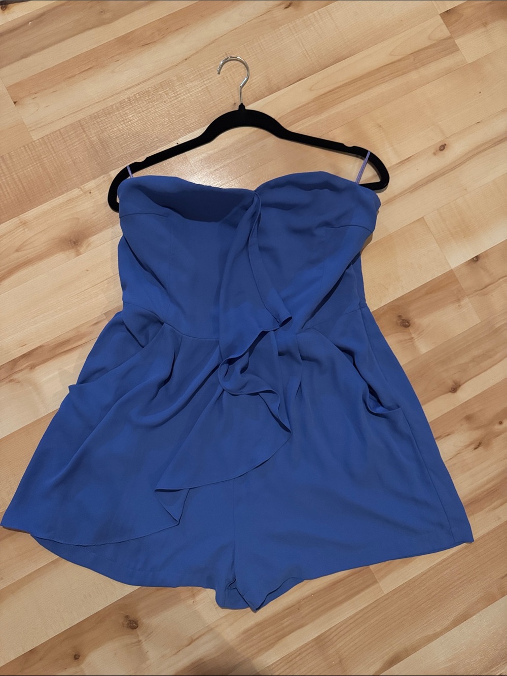 Express Strapless Ruffle Romper Shorts in Cobalt Blue/Periwinkle